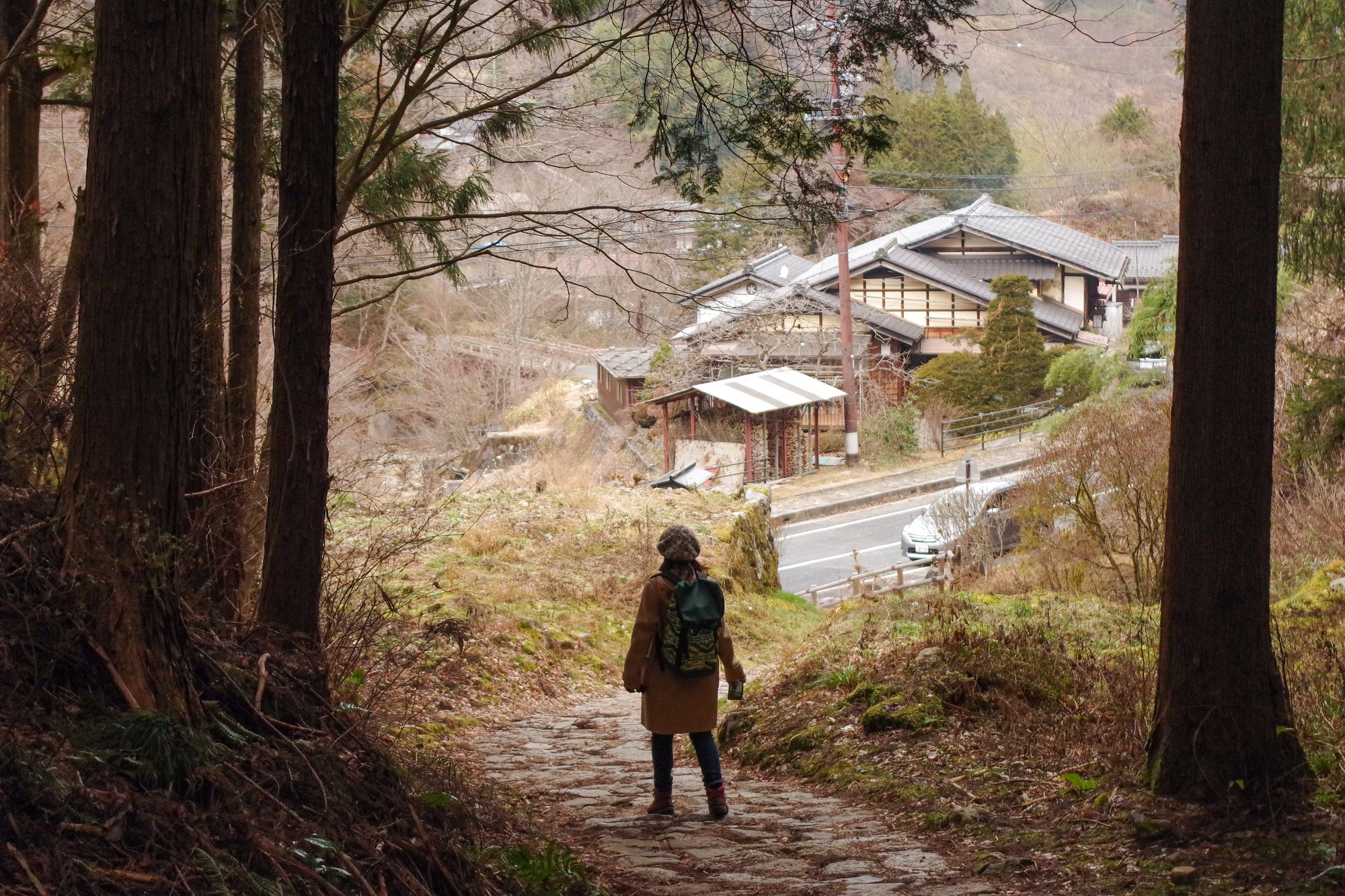 Walking on a cobblestone path along the Nakasendo