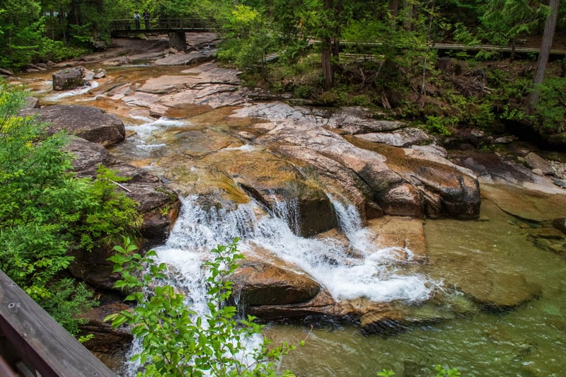 a wide and shallow waterfall in a lush forest