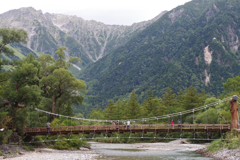a suspension bridge over a river in front of a forest and tall mountains